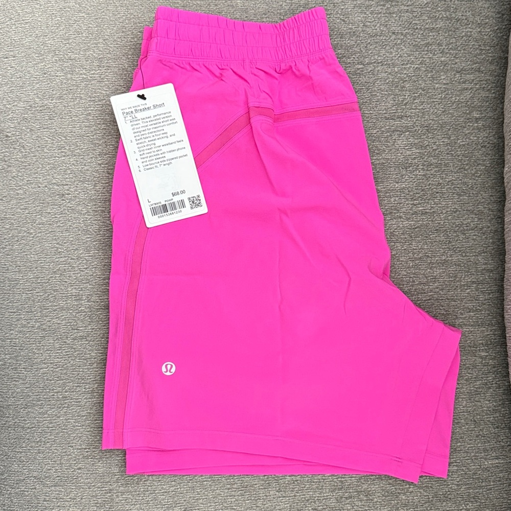 NWT LULULEMON PACE BREAKER SHORT 7'' LINERLESS Pow Pink L